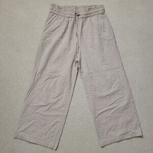 Women's Tan with White Stripes Cotton Linen Ankle Pants, Size Medium